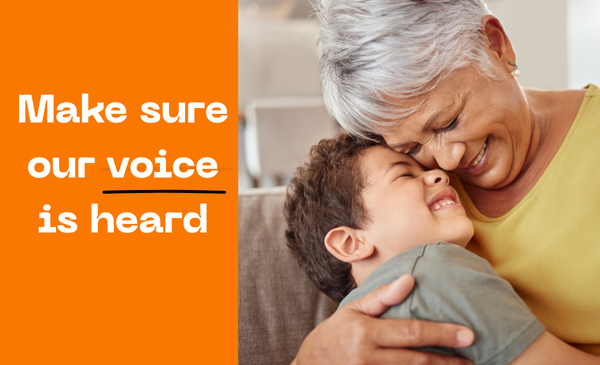Picture of a Lady embracing a child with text reading 'Make sure our voice is heard'